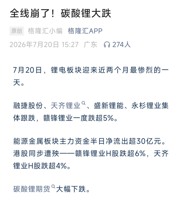 全面崩盘！碳酸锂价格大跌：近两个月最大下跌幅度